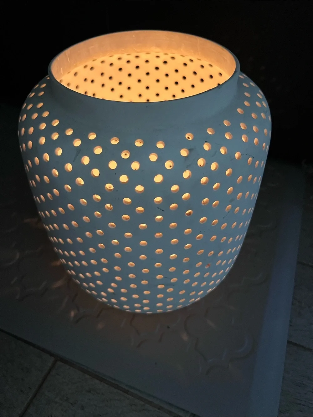 West Elm White Pierced Ceramic Lantern owned for 10 years